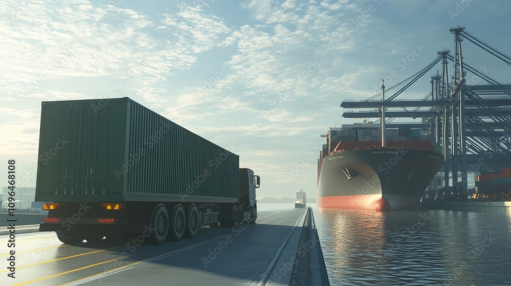 Obraz premium Container truck driving toward a large ship at the port, logistics import concept