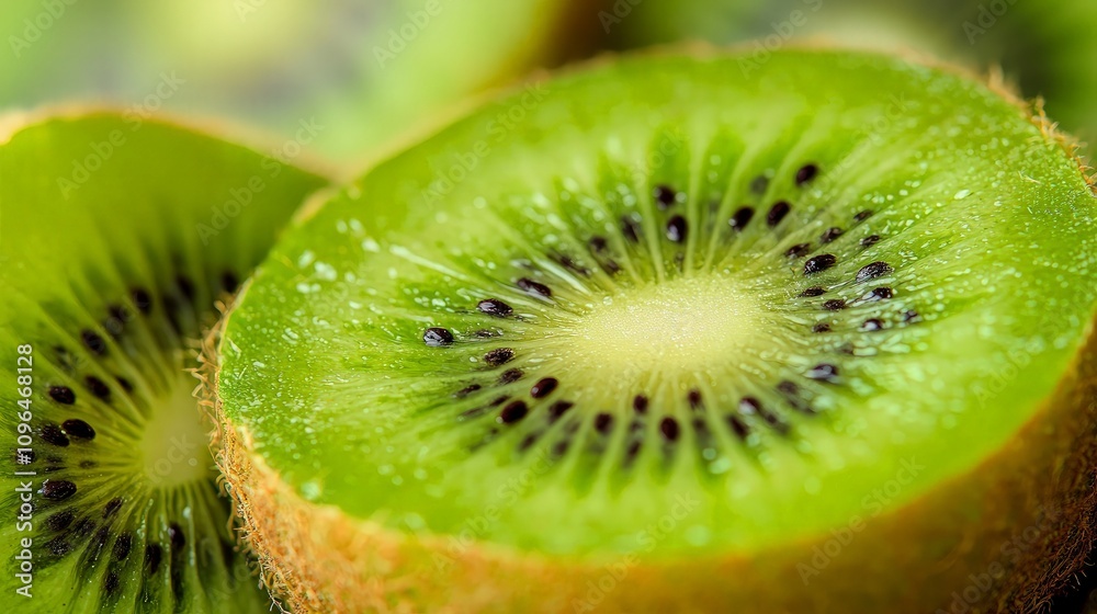 Close-up of juicy kiwi fruit slices, showing vibrant green flesh and tiny black seeds. Close-up of juicy kiwi fruit slices, showing vibrant green flesh and tiny black seeds.