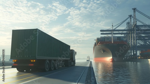 Wallpaper Mural Container truck driving toward a large ship at the port, logistics import concept Torontodigital.ca