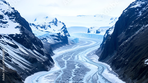 Glacier Carved Majesty of Alaska - Inspiring mountainous terrain with snowcapped peaks and icy rivers winding through the landscape. photo