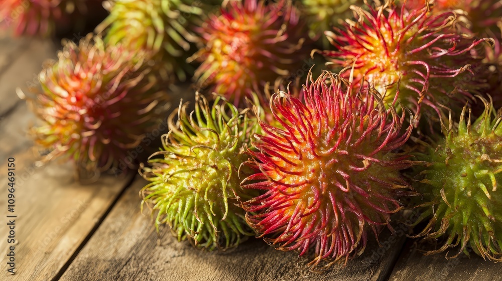 Close-up of ripe and unripe rambutan fruits on wooden surface. Close-up of ripe and unripe rambutan fruits on wooden surface.