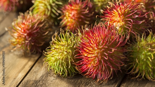 Close-up of ripe and unripe rambutan fruits on wooden surface.