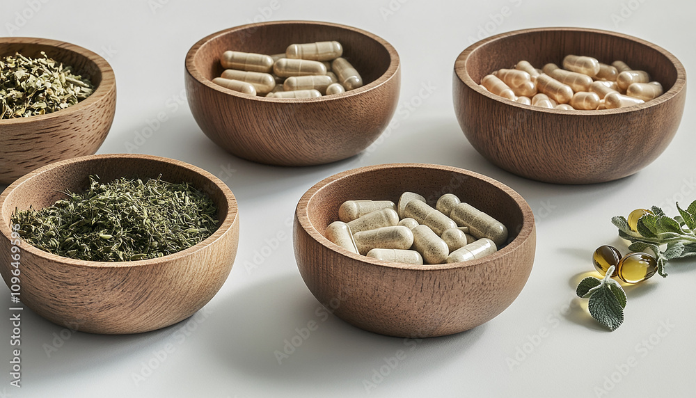 a herbal capsules in a wood bowl on a white table for using medical purpose generated by AI a herbal capsules in a wood bowl on a white table for using medical purpose generated by AI