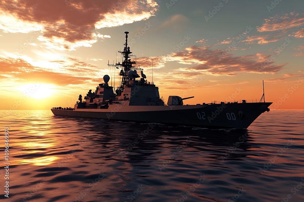 A warship sailing at sunset, reflecting on calm waters with a dramatic sky. A warship sailing at sunset, reflecting on calm waters with a dramatic sky.