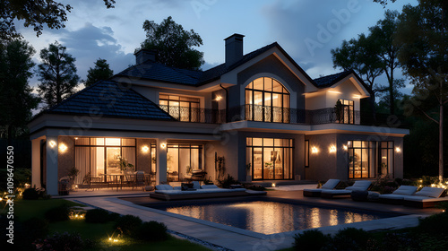 Elegant modern house glowing warmly at night”