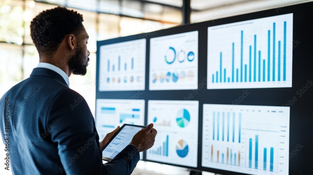 Business Leader Analyzing Growth Strategy with Data Visualizations Business Leader Analyzing Growth Strategy with Data Visualizations