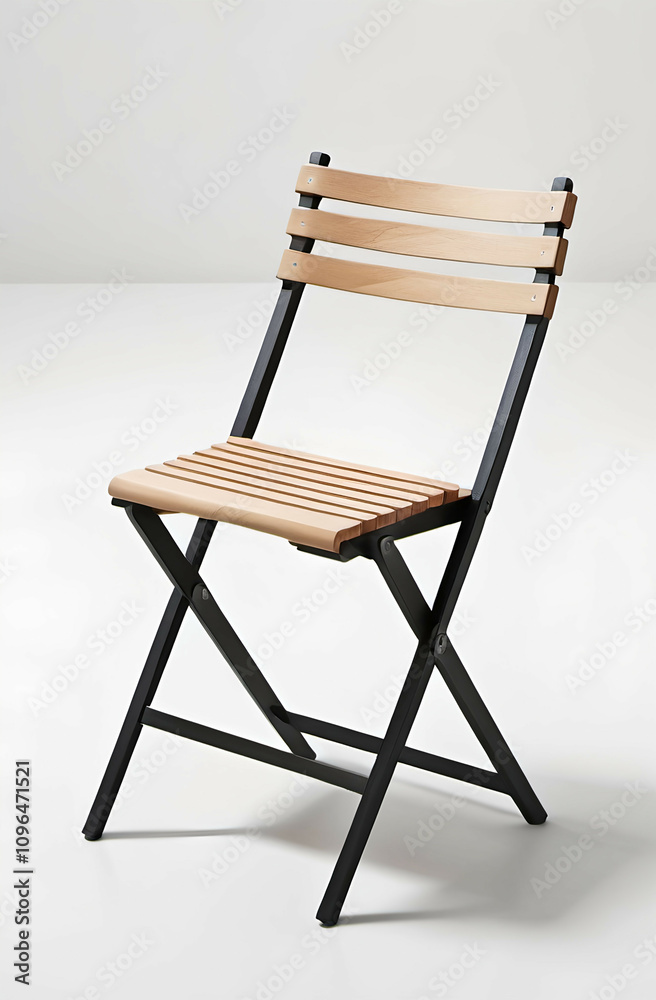 A lightweight dining chair with a slatted wooden seat and backrest, featuring a folding mechanism, displayed on a white background. A lightweight dining chair with a slatted wooden seat and backrest, featuring a folding mechanism, displayed on a white background.