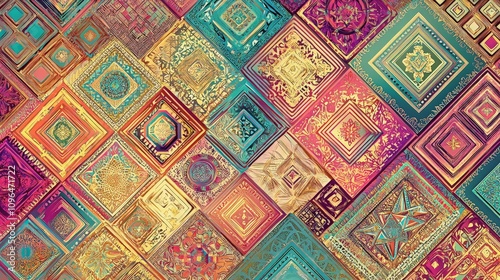 Wallpaper Mural Colorful geometric pattern of ornate square tiles in vibrant hues and gold accents. Torontodigital.ca