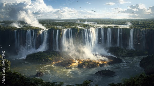 A breathtaking view of a majestic waterfall surrounded by lush greenery and mist.