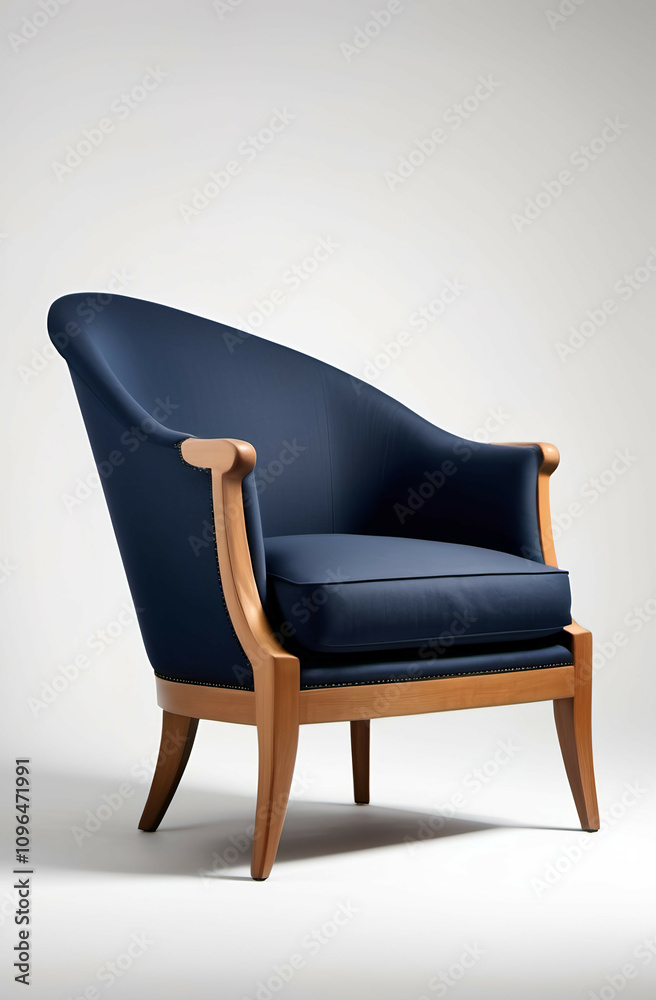 A classic armchair with high, curved sides, upholstered in navy blue fabric, set on tapered wooden legs, showcased on a white backdrop.