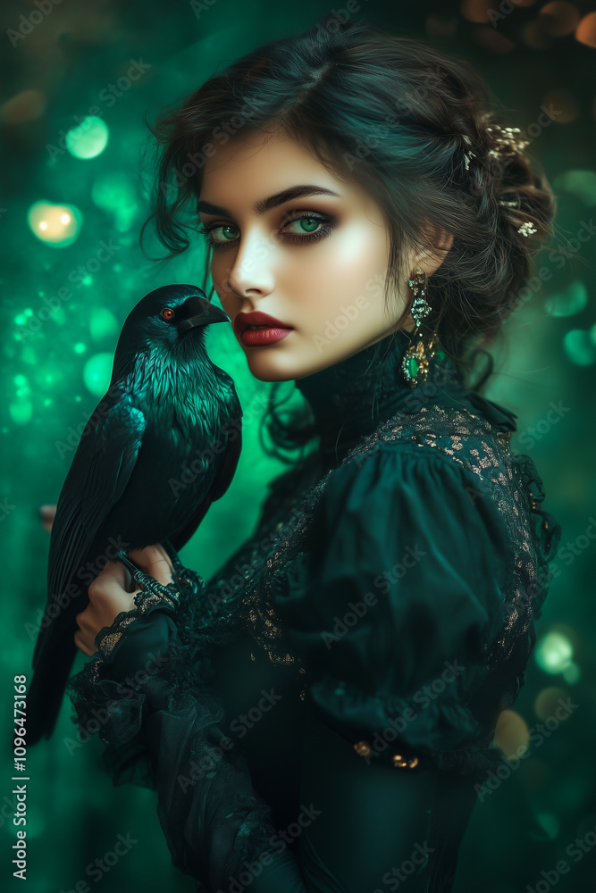 Enchanting Sorceress With a Raven in a Mystical Green Realm During Twilight Hours