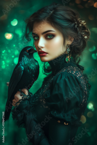 Obraz na płótnie Enchanting Sorceress With a Raven in a Mystical Green Realm During Twilight Hours w salonie