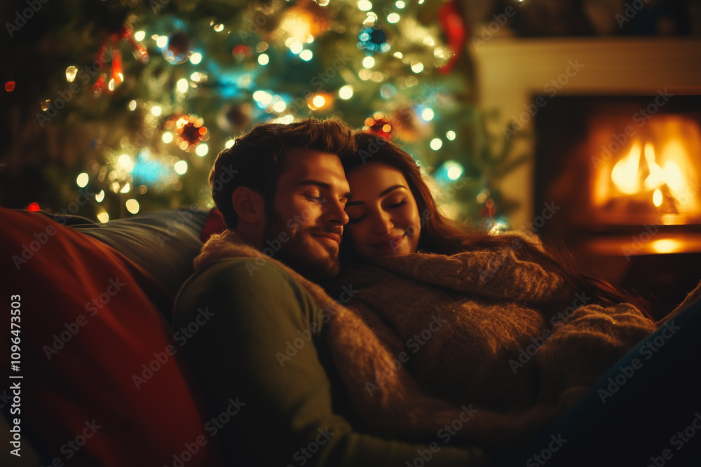 Couple Cuddles by the Fire While Surrounded by Christmas Joy and Colorful Decorations