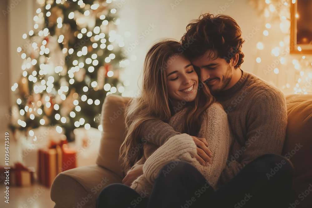 Romantic Couple Enjoying a Cozy Christmas Evening by the Twinkling Tree and Warm Fireplace