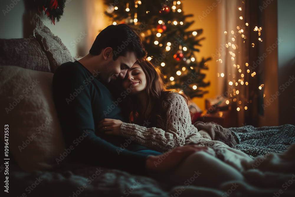 Romantic Couple Enjoying a Cozy Christmas Night by the Tree While Wrapped in Warmth and Love
