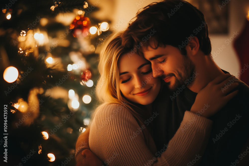 Romantic Couple Embracing by the Christmas Tree, Savoring the Warmth of the Holiday Spirit Together