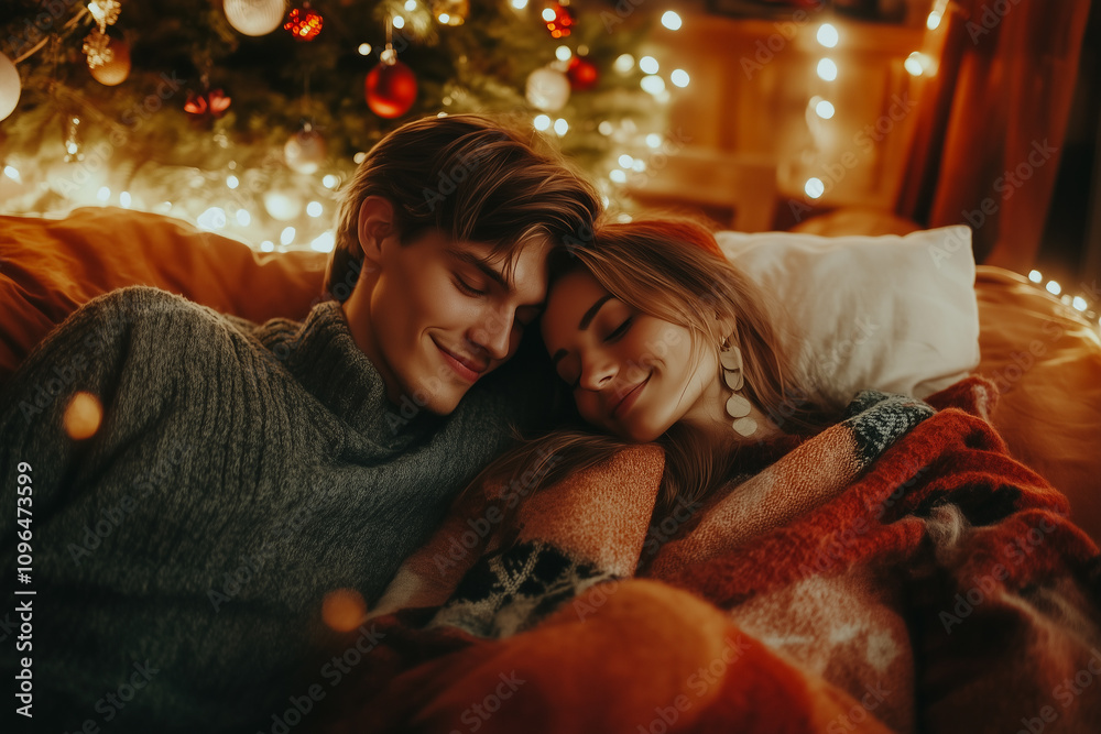 Romantic Couple Enjoying a Cozy Christmas Evening by the Tree, Surrounded by Warm Lights and Festive Decorations