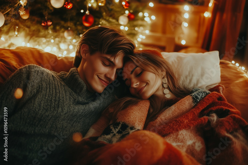 Obraz na płótnie Romantic Couple Enjoying a Cozy Christmas Evening by the Tree, Surrounded by Warm Lights and Festive Decorations w salonie