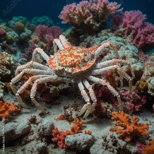 Japanese spider crab crawling on a radiant coral bed.