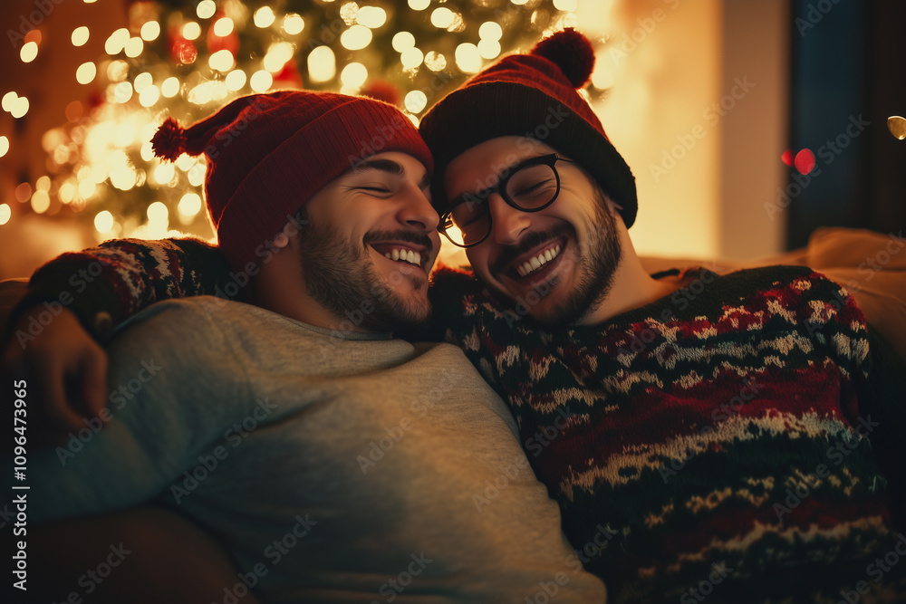 Cuddling Under Twinkling Lights, a Joyful Gay Couple Enjoys a Cozy Moment Together During the Festive Holiday Season
