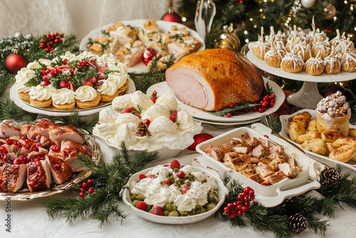 Obraz na płótnie Delightful Festive Feast Featuring an Array of Special Dishes and Holiday Treats to Celebrate the Season w salonie