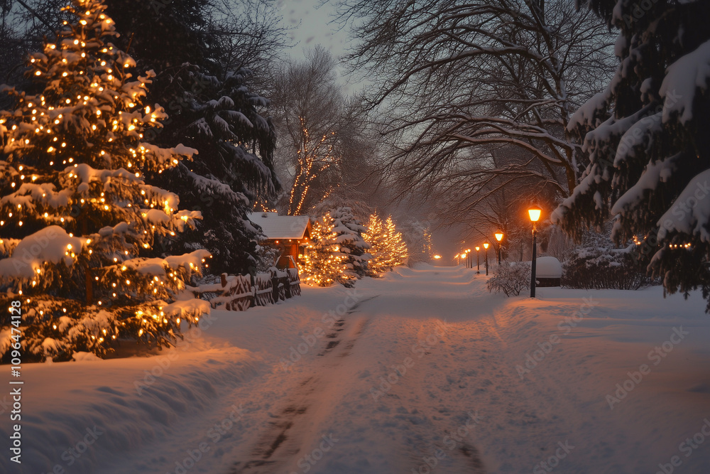 Sparkling Holiday Lights Illuminate a Snowy Path Through a Winter Wonderland at Dusk