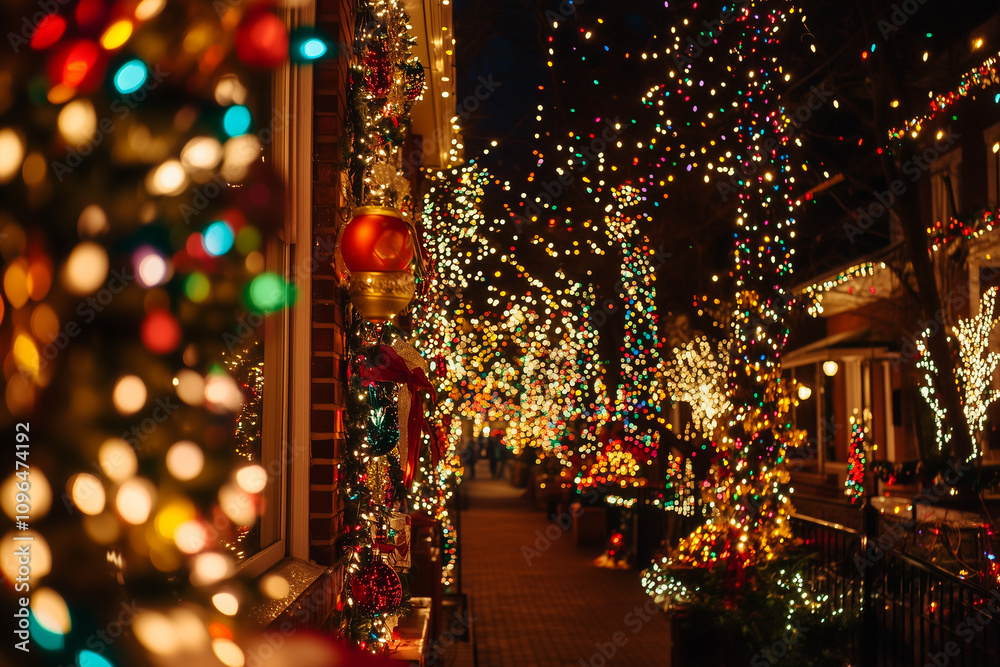Enchanting Display of Vibrant Christmas Lights Illuminating a Festive Street at Twilight