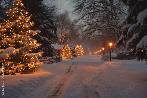 Obraz na płótnie Sparkling Holiday Lights Illuminate a Snowy Path Through a Winter Wonderland at Dusk w salonie