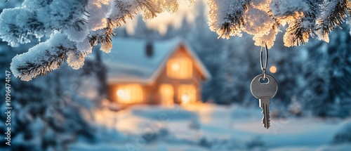 A solitary key dangles from a snowladen branch, while a cozy home emits a warm, inviting glow in the distance, perfect for exploring themes related to real estate or the process of relocating photo