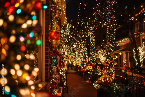 Obraz na płótnie Enchanting Display of Vibrant Christmas Lights Illuminating a Festive Street at Twilight w salonie
