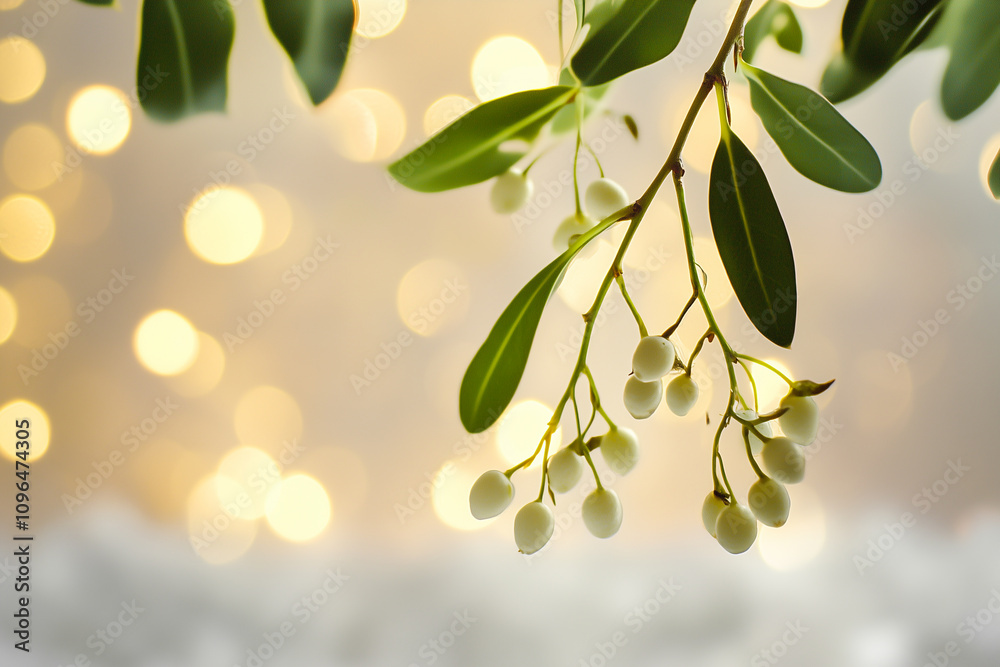 Decorative Plant Features Elegant Mistletoe Against a Backdrop of Soft Glowing Lights for Holiday Celebrations