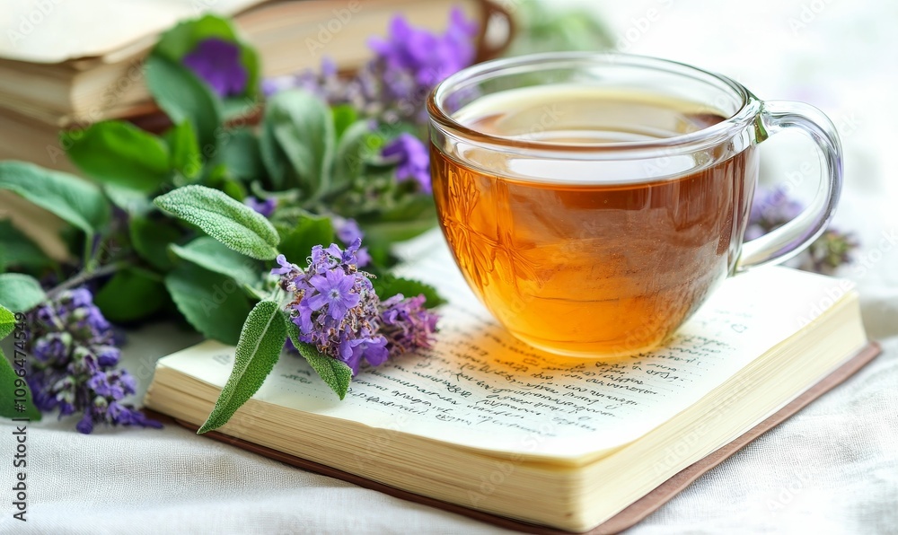 Tea, book, flowers, relaxing, tranquility.