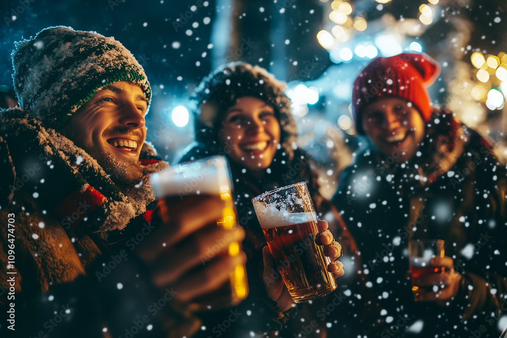 Celebrating Christmas Joyfully With Laughter, Drinks, and Snowflakes Falling on a Festive Evening Outdoors