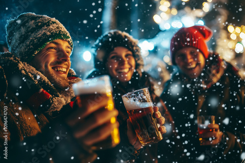 Obraz na płótnie Celebrating Christmas Joyfully With Laughter, Drinks, and Snowflakes Falling on a Festive Evening Outdoors w salonie