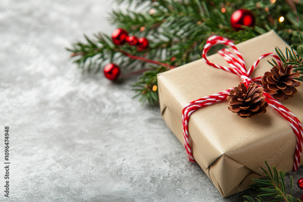 Delightful Holiday Gift Wrapped in Brown Paper Adorned With Pinecones and Twine Beside Festive Greenery and Red Ornaments