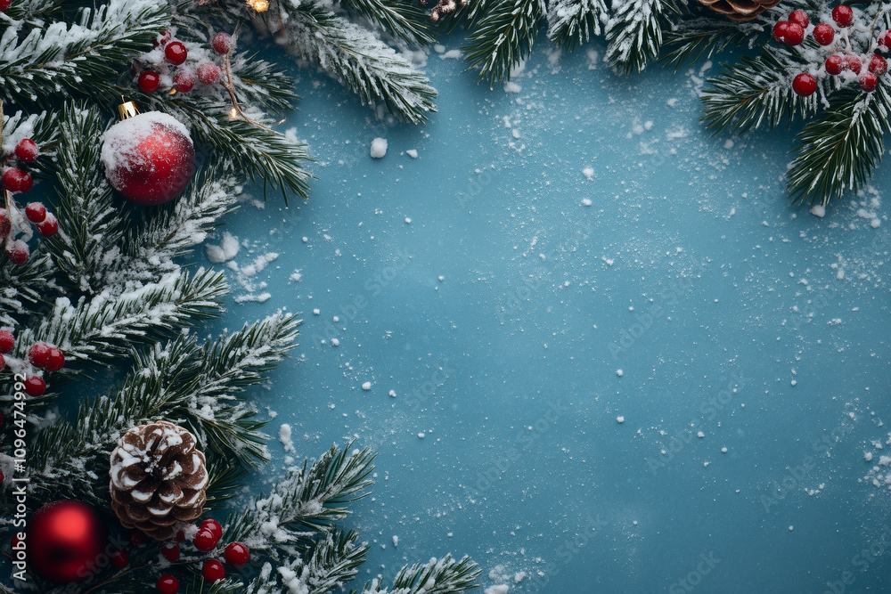 Festive Winter Card Design Featuring a Snowy Background, Pine Branches, and Holiday Decorations