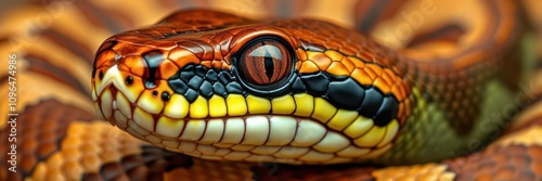 Colorful close-up of a snake showcasing vivid patterns and textures, highlighting its natural beauty and intricate design found in the wild photo