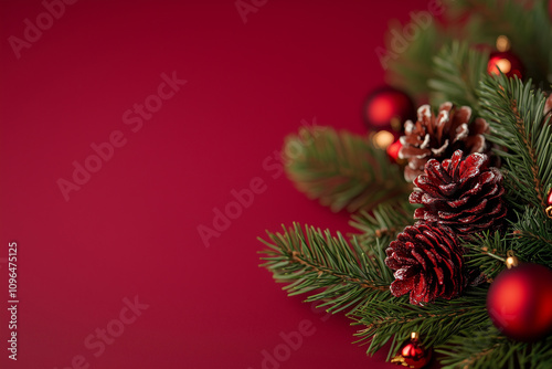 Festive Arrangement of Pinecones and Ornaments Set Against a Rich Red Background for Holiday Cheer