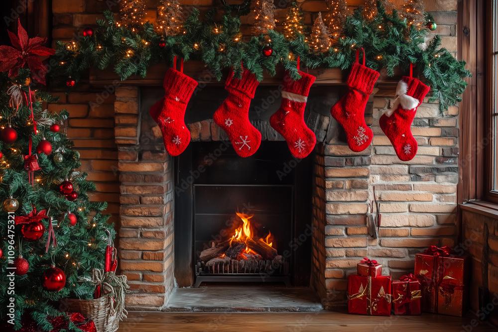 Cozy Christmas Fireplace Adorned With Festive Stockings and a Beautifully Decorated Tree