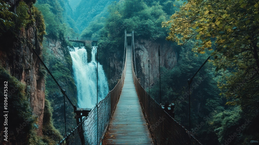 A suspension bridge over a deep canyon with cascading waterfalls below A suspension bridge over a deep canyon with cascading waterfalls below