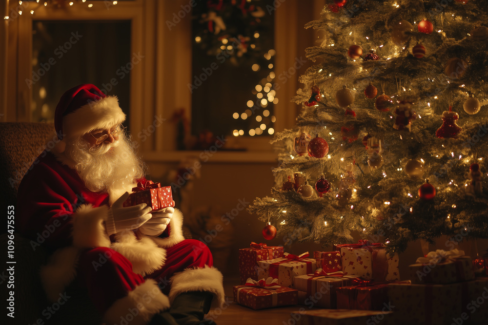 Santa Delivering Joy by the Christmas Tree on a Magical Winter Night