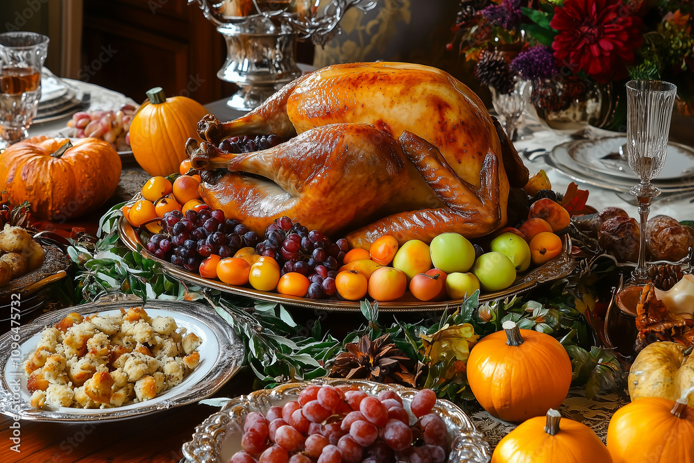 Thanksgiving Feast Featuring a Beautifully Roasted Turkey Surrounded by Autumn Harvest Delights in a Warm Setting