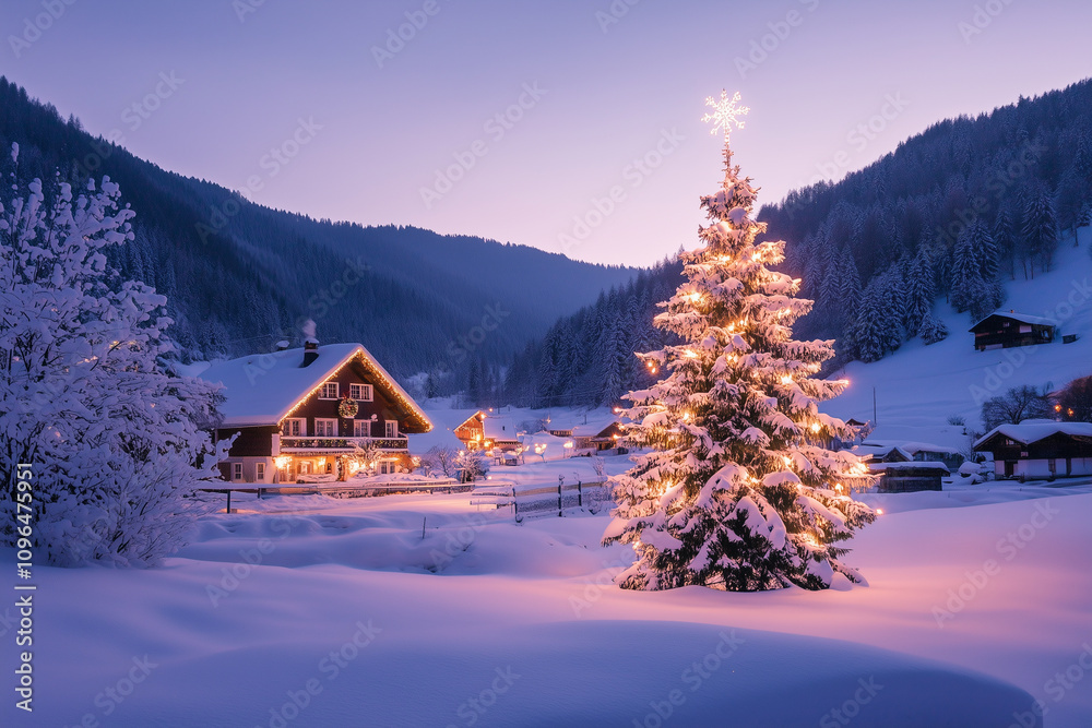 Enchanting Winter Village Adorned With Christmas Lights and a Snow-Covered Tree at Dusk