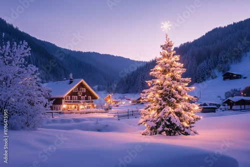 Obraz na płótnie Enchanting Winter Village Adorned With Christmas Lights and a Snow-Covered Tree at Dusk w salonie