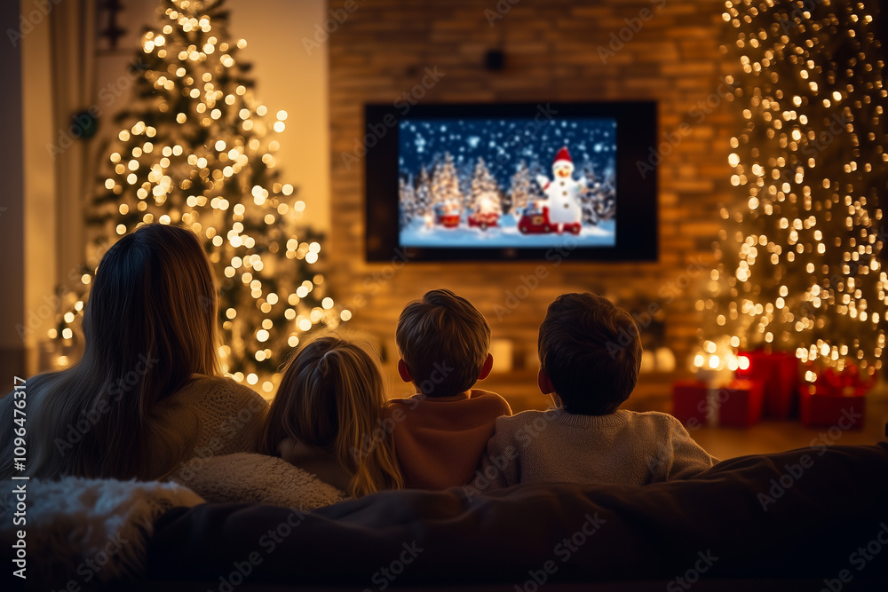 Enjoying a Cozy Family Evening While Watching a Festive Holiday Movie Together in a Warmly Decorated Living Room