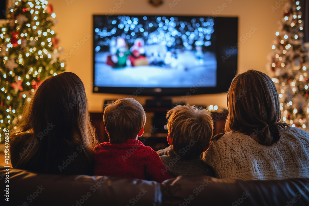 Family Enjoyment During a Cozy Evening of Holiday Movie Watching by the Twinkling Christmas Trees