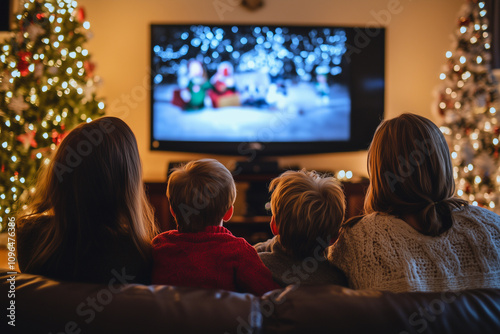 Obraz na płótnie Family Enjoyment During a Cozy Evening of Holiday Movie Watching by the Twinkling Christmas Trees w salonie