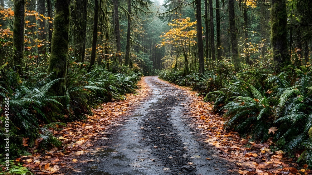 Fototapeta premium Serene forest pathway surrounded by autumn foliage and misty ambiance.
