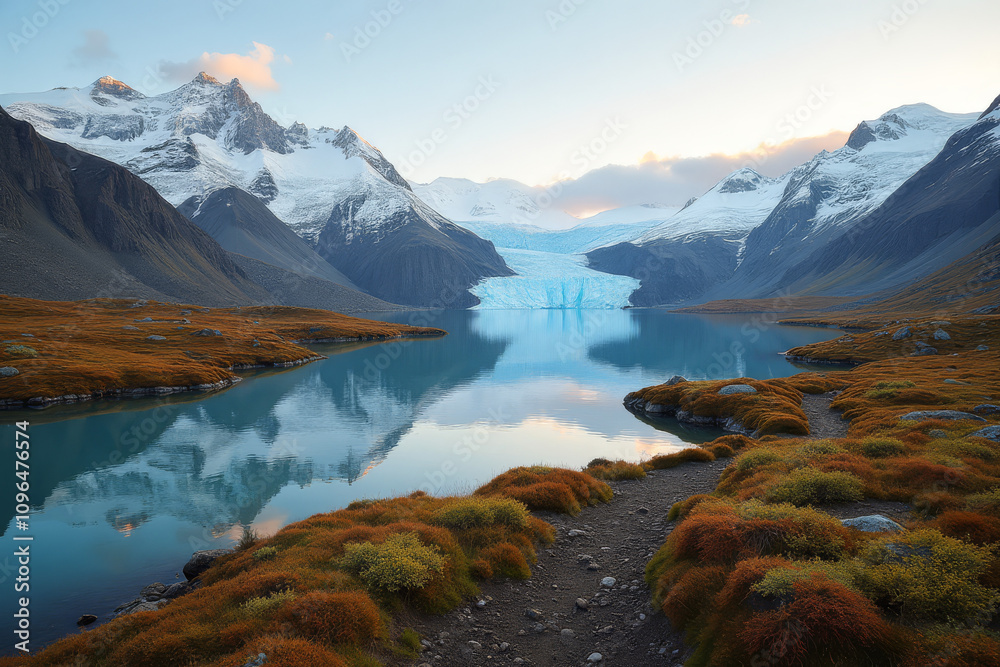 Obraz premium A majestic mountain landscape at sunrise, reflecting tranquility in calm waters