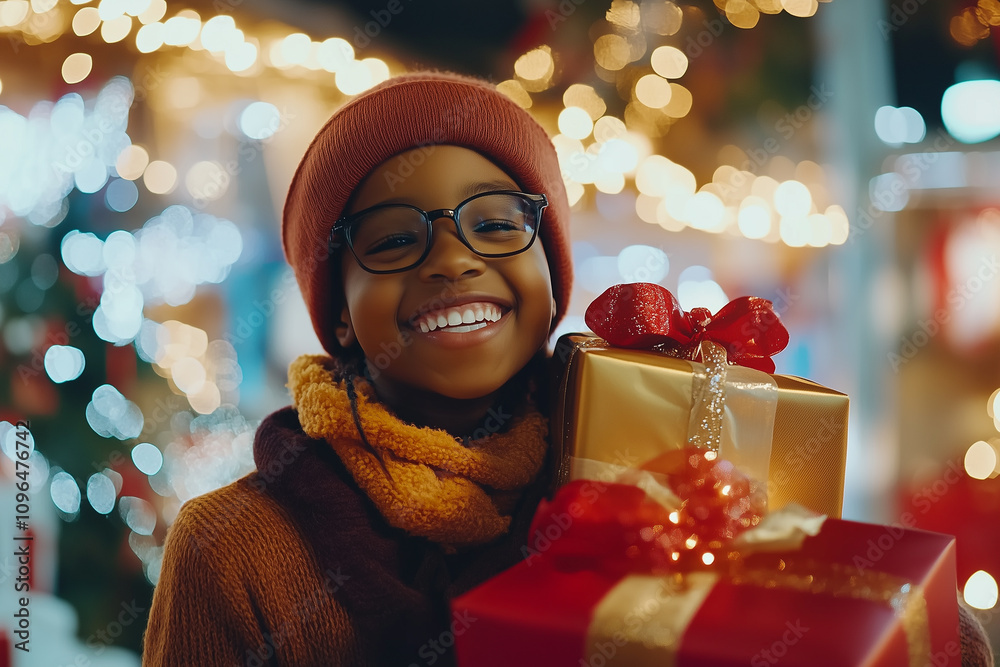 Joyful Child Holding Beautifully Wrapped Gifts During Festive Friday Discount Celebration